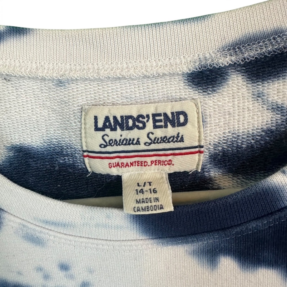 Lands End Sweatshirt Serious Sweats Tie Dye Crewneck Navy White Larg Tal 14 16 - Picture 6 of 11
